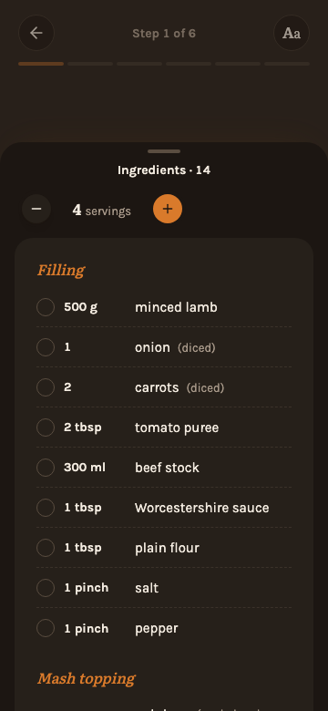 The ingredient list open in cook mode