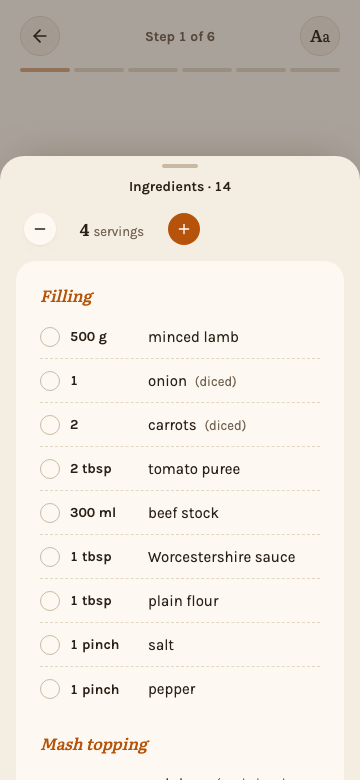 The ingredient list open in cook mode