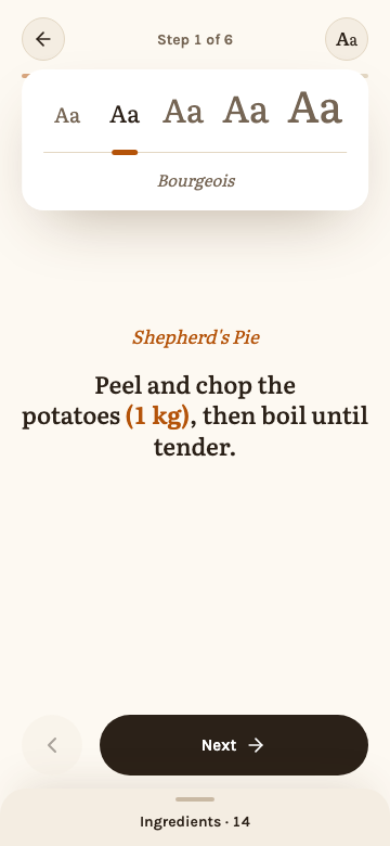Choosing a type size in cook mode