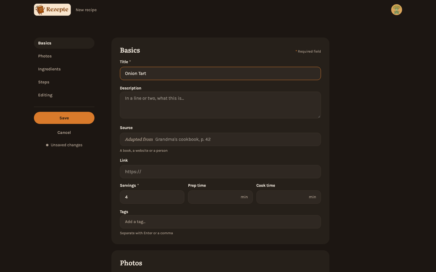 The recipe editor