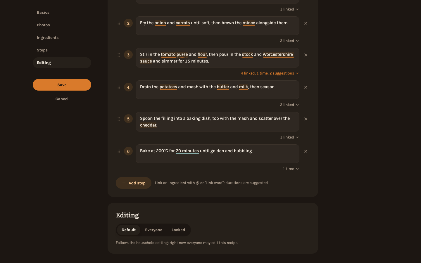 The Editing section at the end of the editor