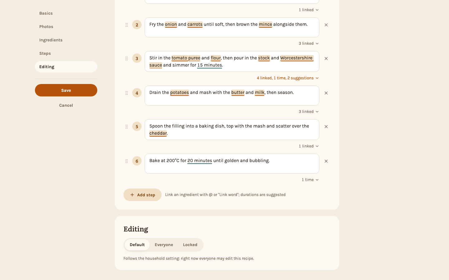 The Editing section at the end of the editor