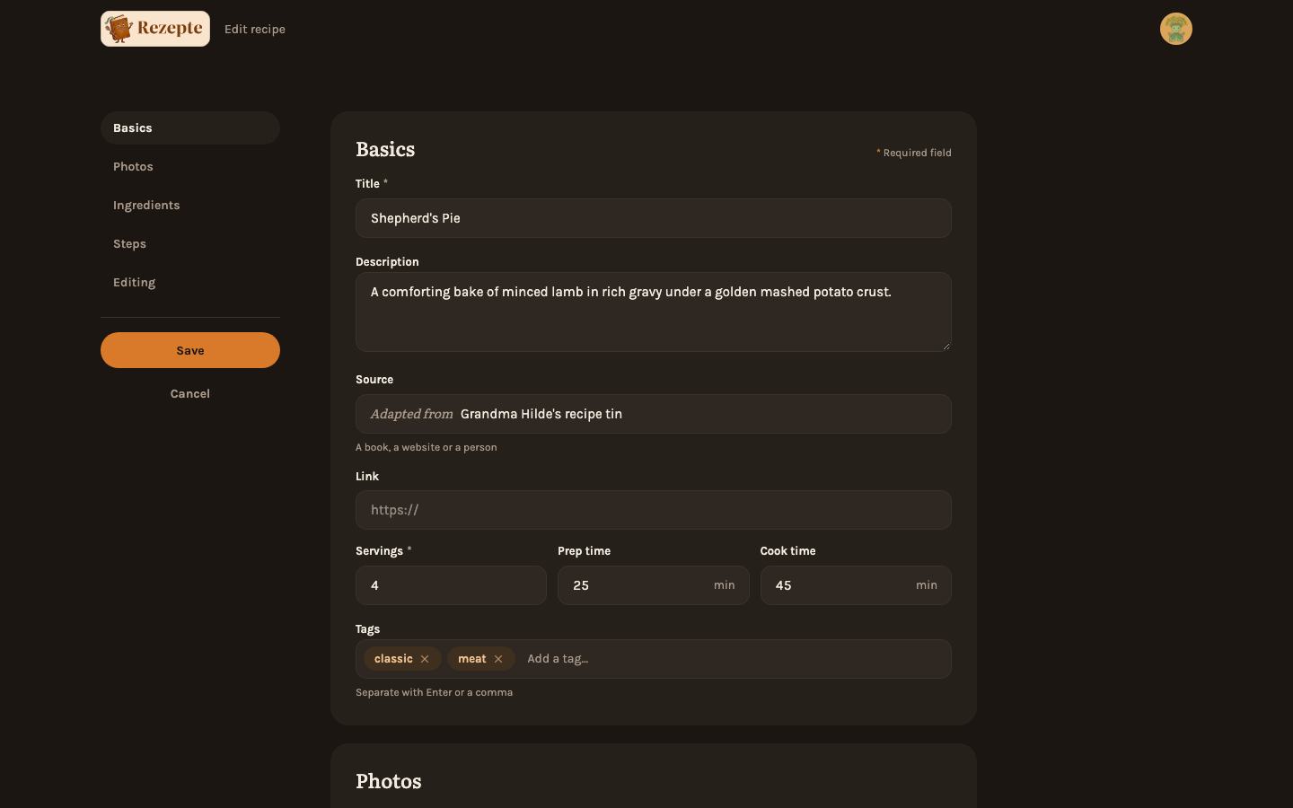 The photo section of the editor