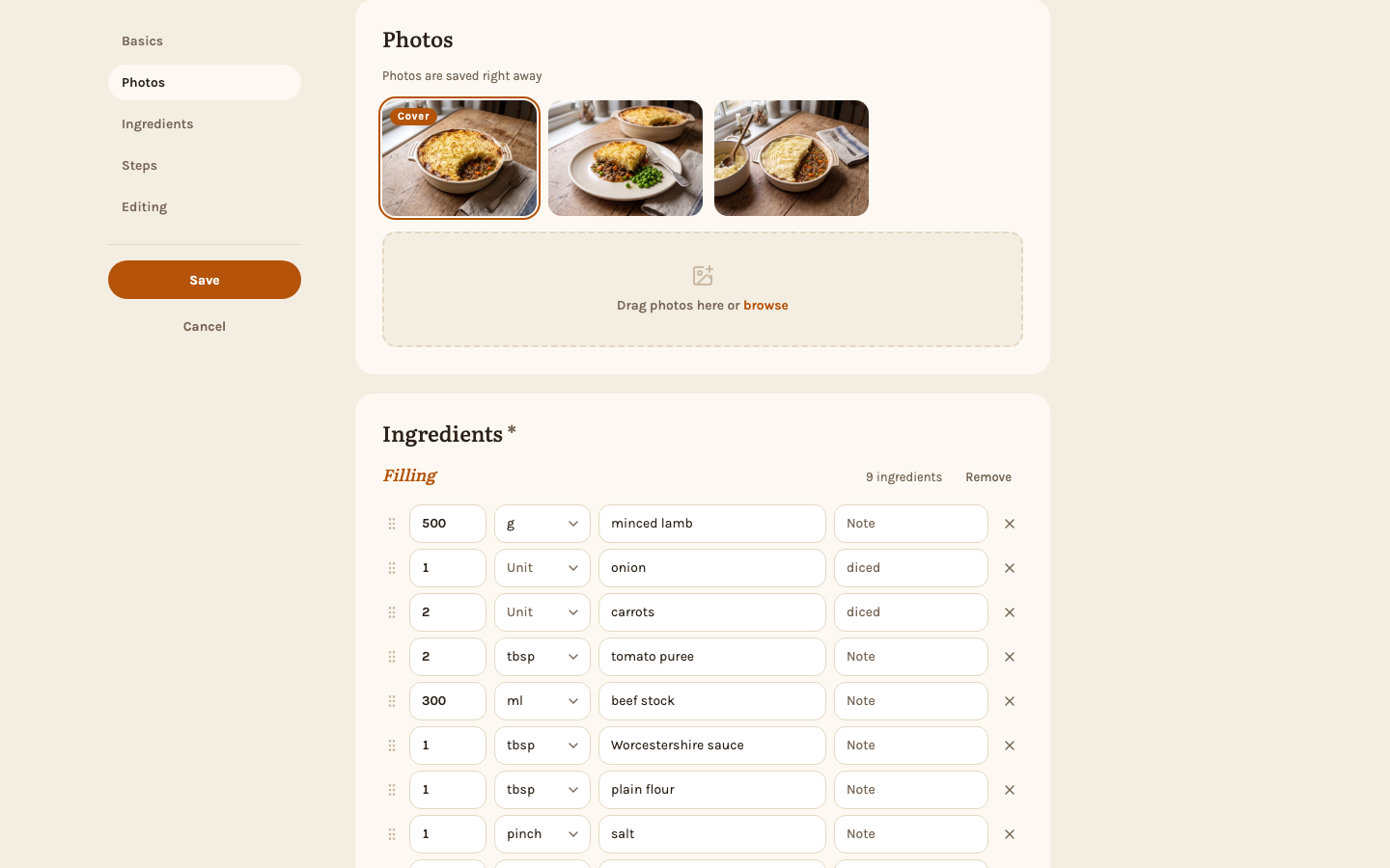 Ingredient groups in the editor
