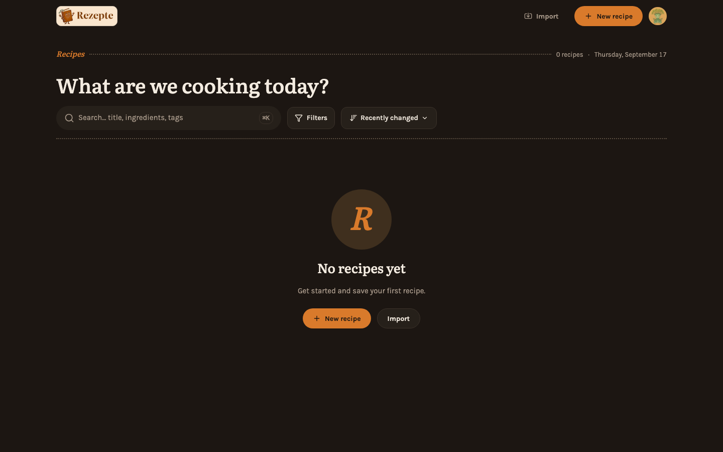 The overview right after the first login, before anyone has added a recipe