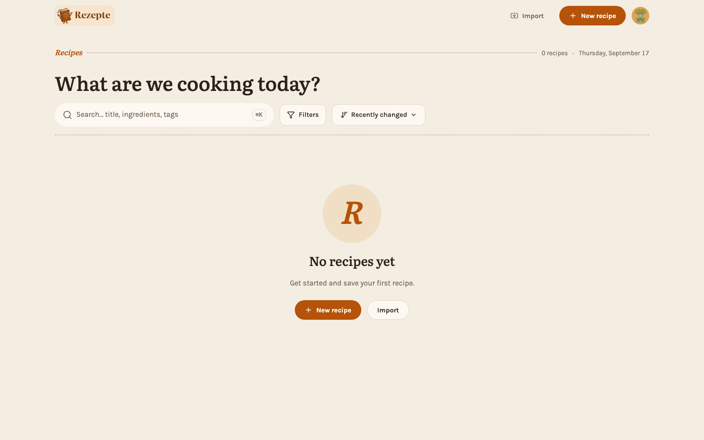 The overview right after the first login, before anyone has added a recipe