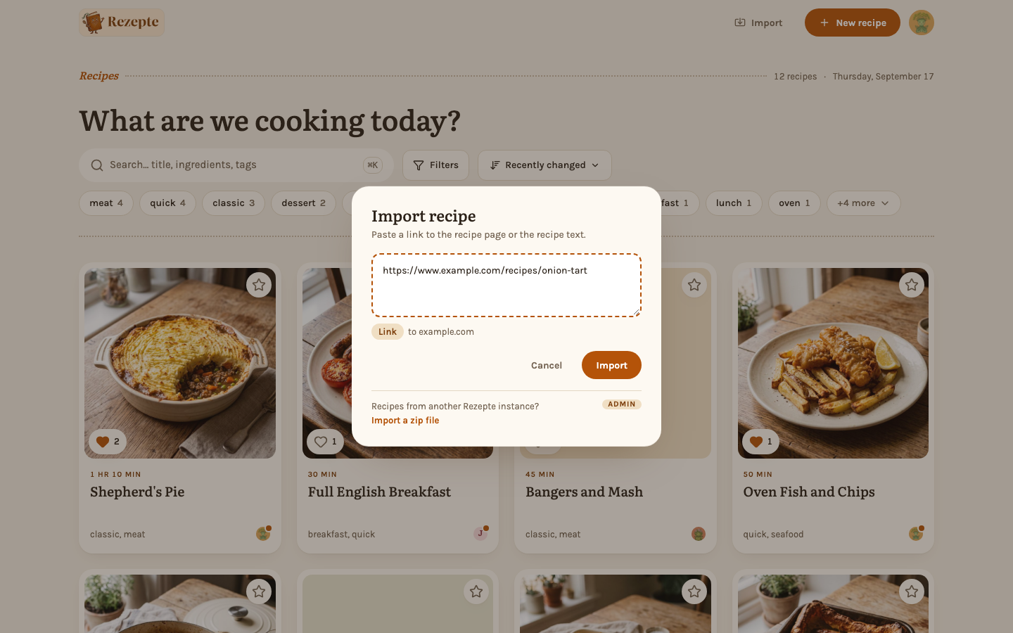 The import dialog with a link pasted