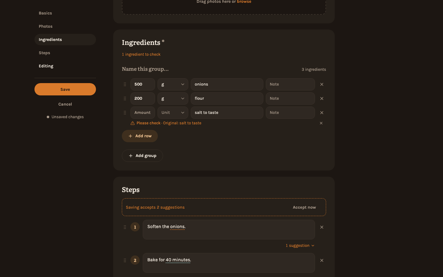 An imported recipe in the editor, with one ingredient to check