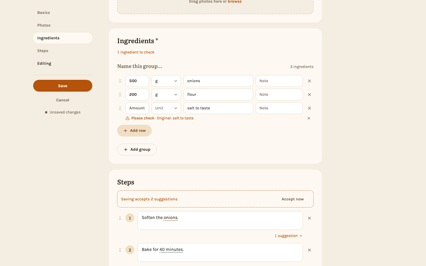 An imported recipe in the editor, with one ingredient to check