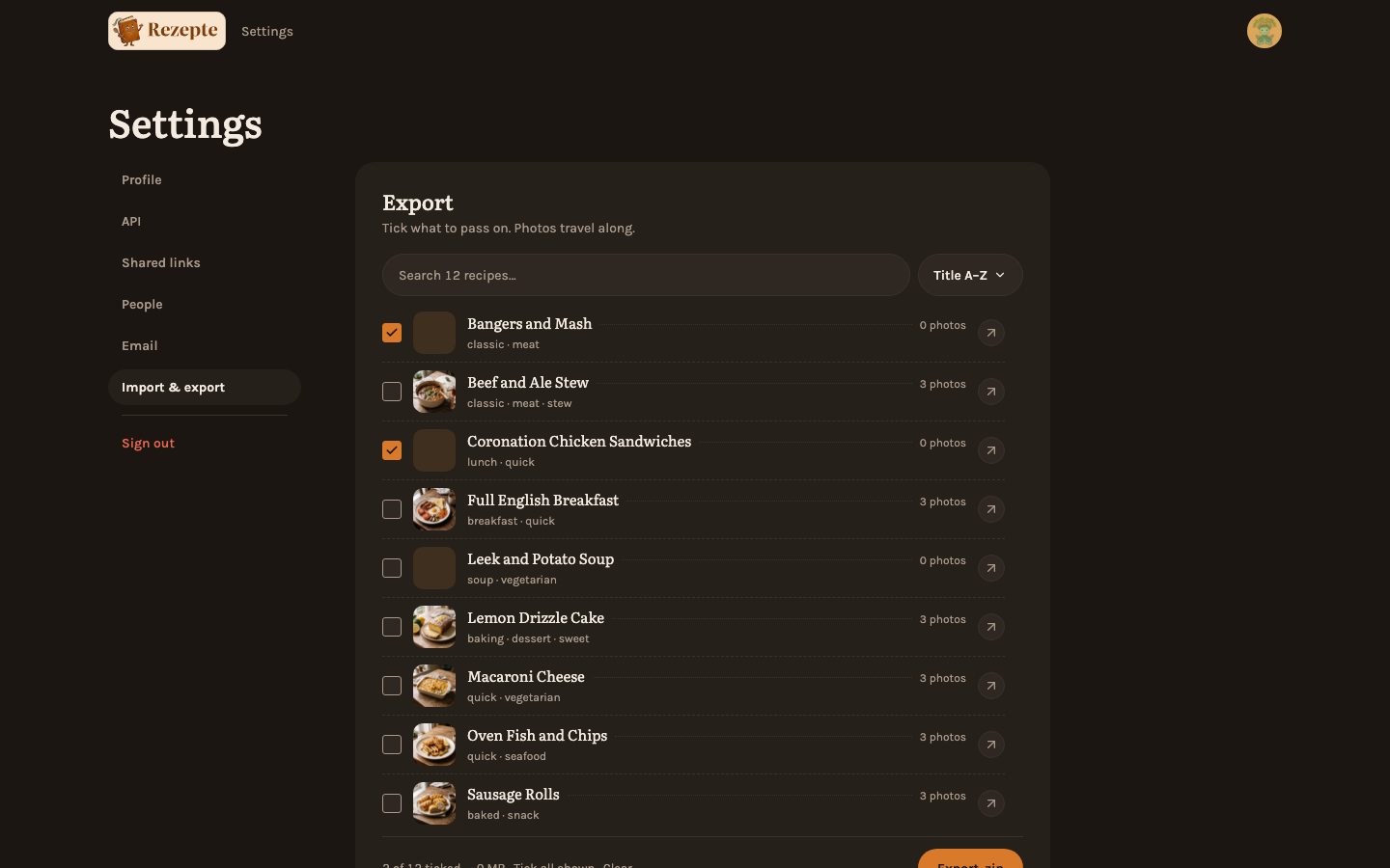 Picking recipes to export
