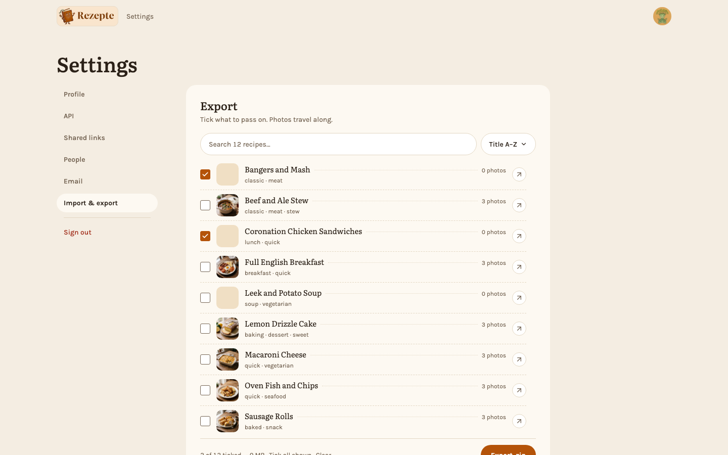 Picking recipes to export