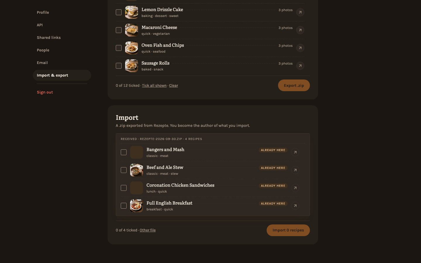 A file's recipes before the import, some of them already here