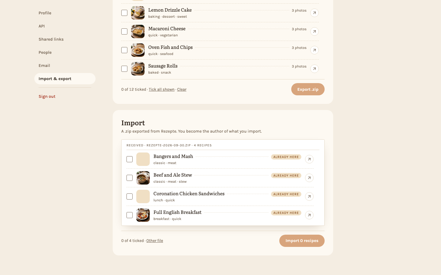 A file's recipes before the import, some of them already here