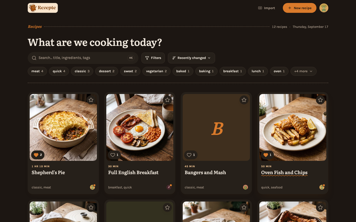 The recipe overview with search, tag chips and the card grid