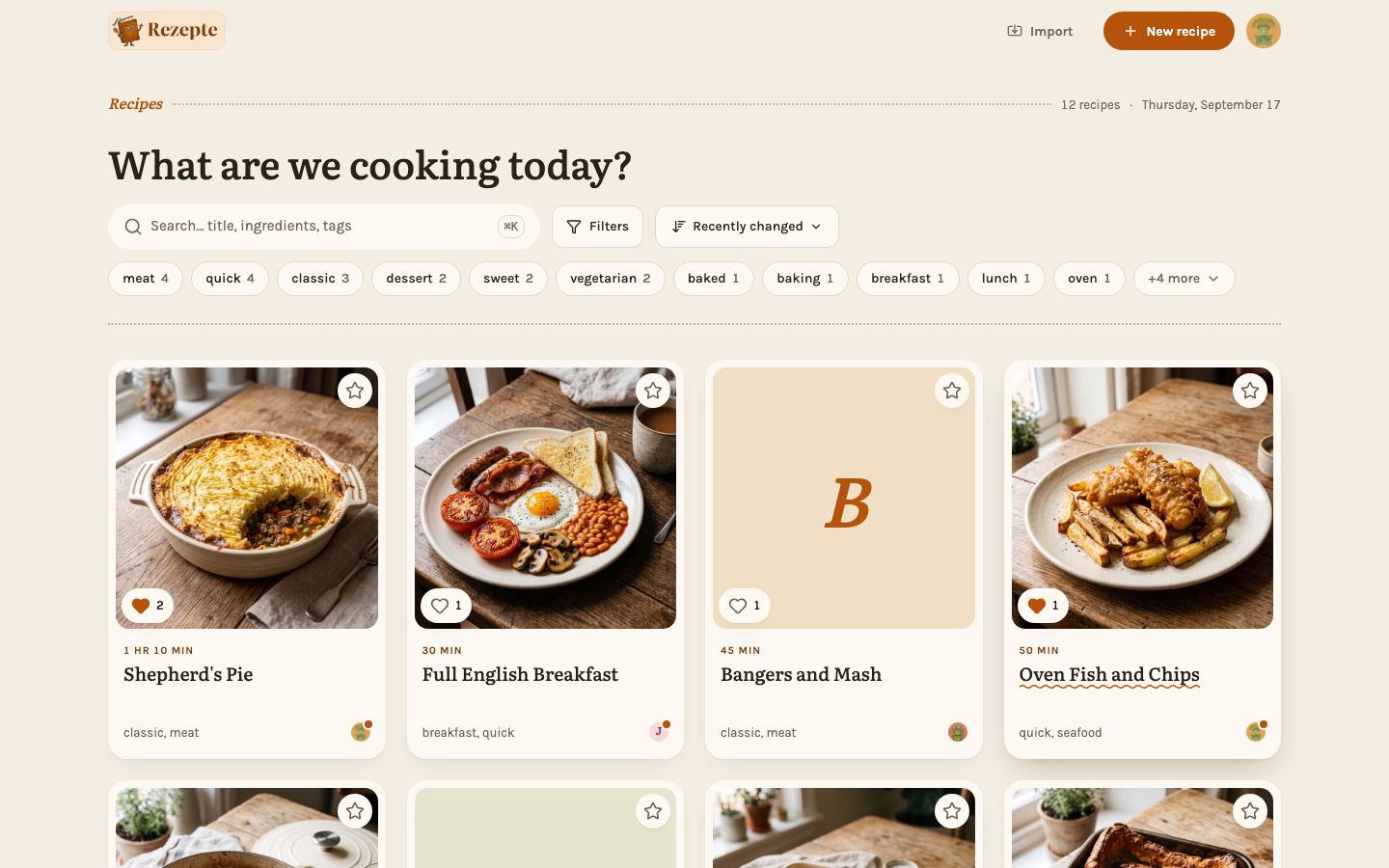 The recipe overview with search, tag chips and the card grid