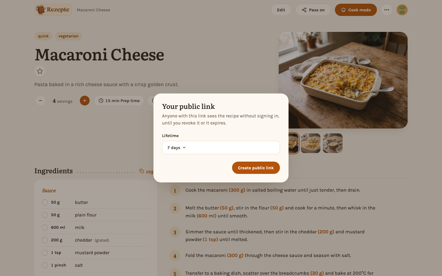 Creating a public link from a recipe's menu