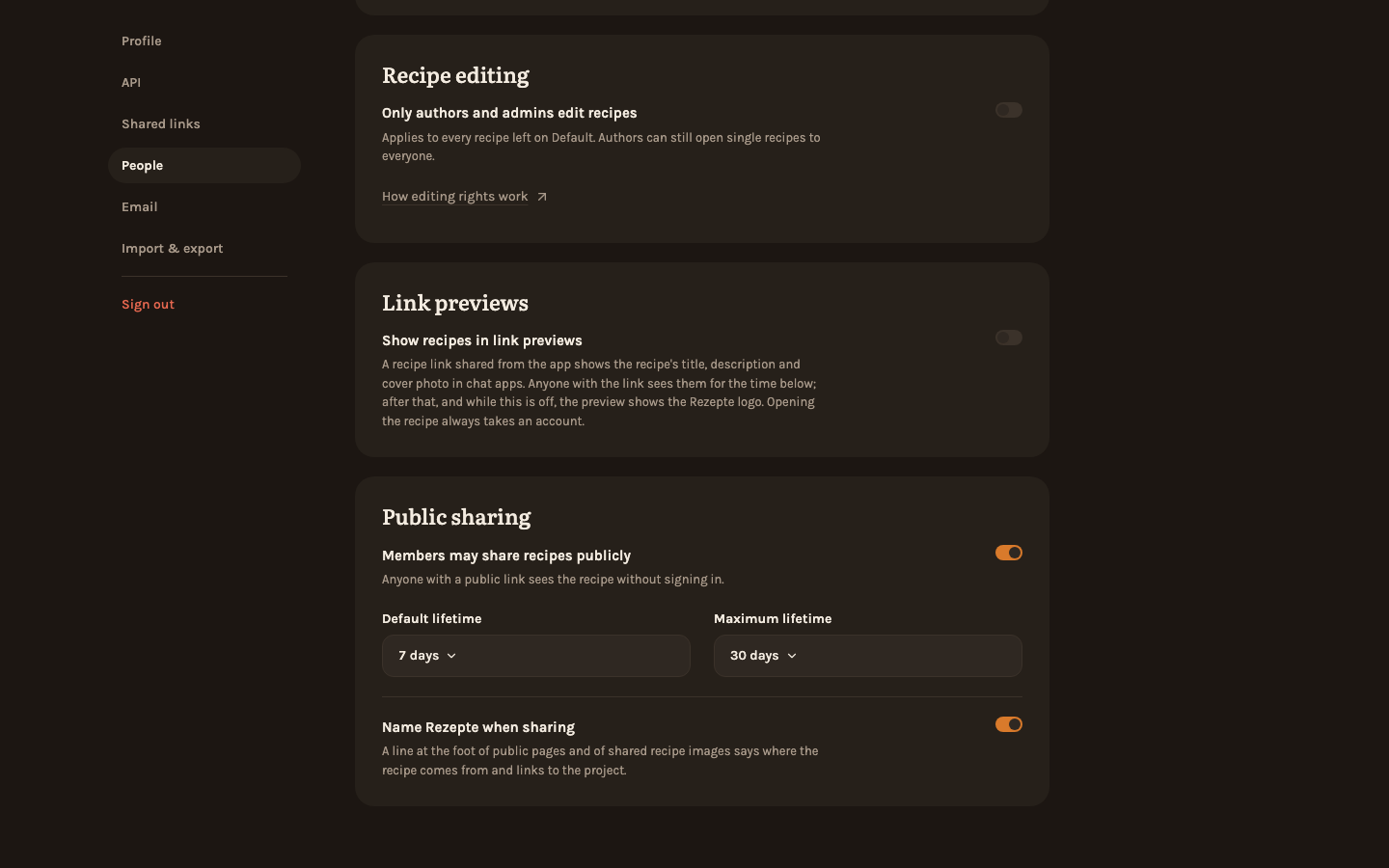 The Public sharing card, switched on