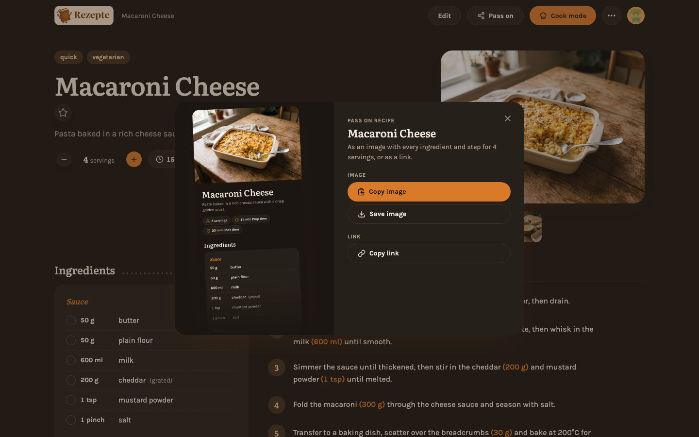 Passing a recipe on as an image