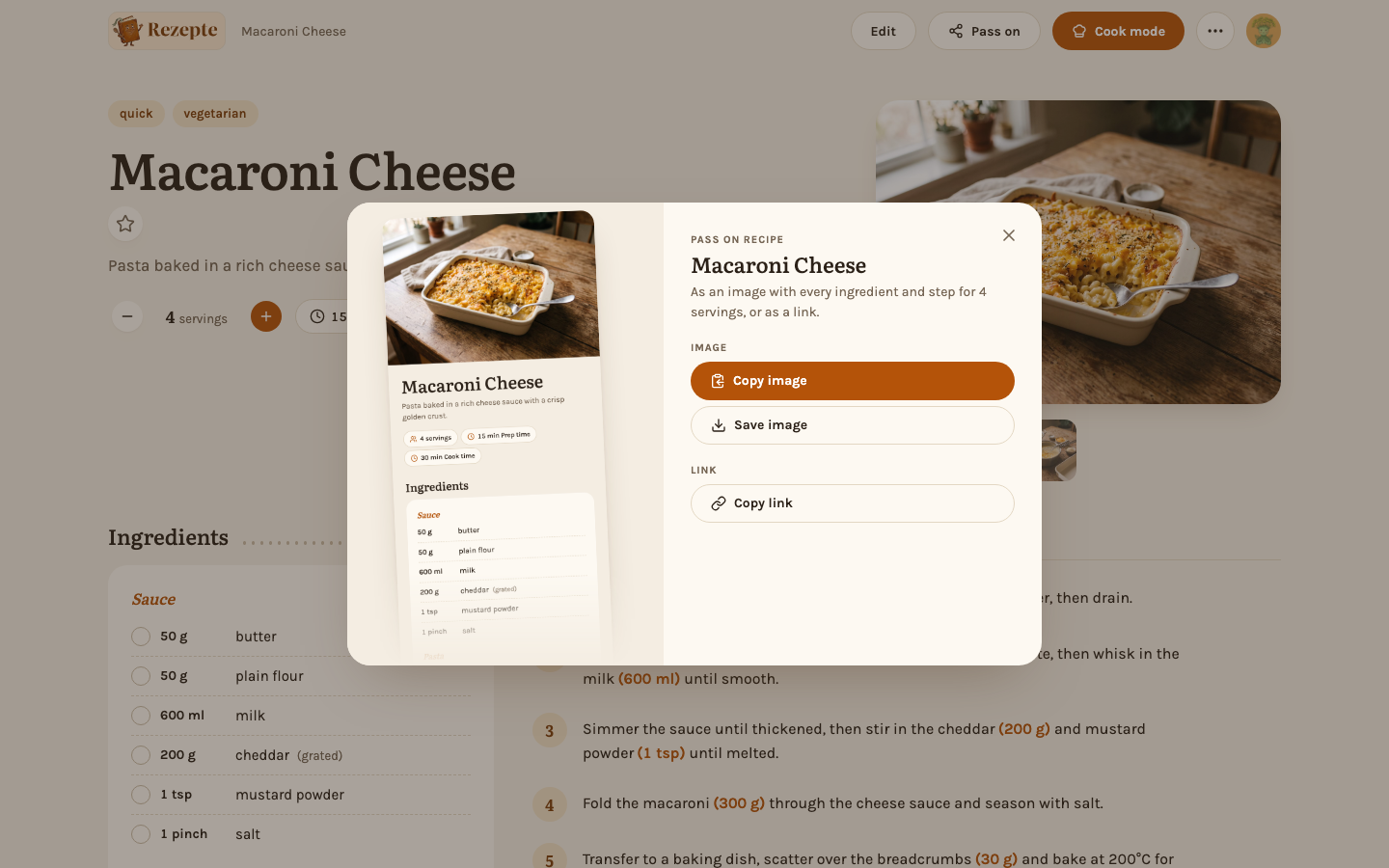 Passing a recipe on as an image
