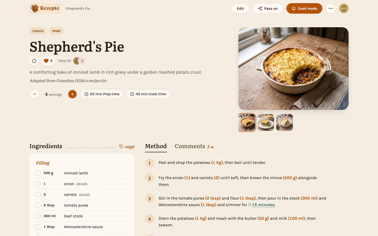A recipe's detail page