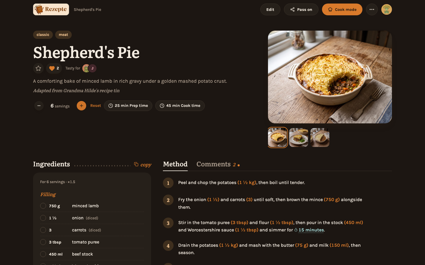 The servings stepper on the recipe detail page