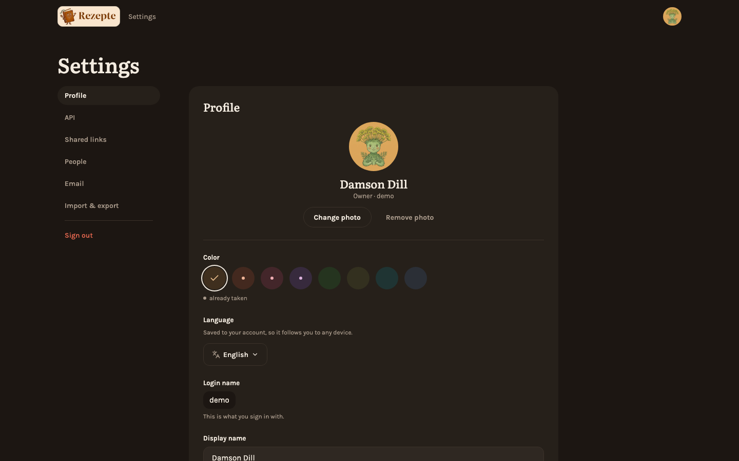 The settings page