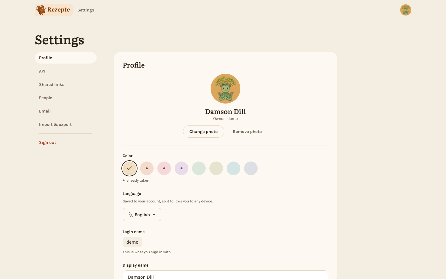 The settings page