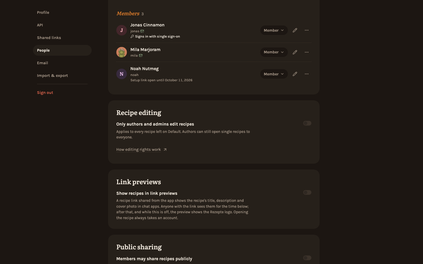 The Recipe editing card on the People page