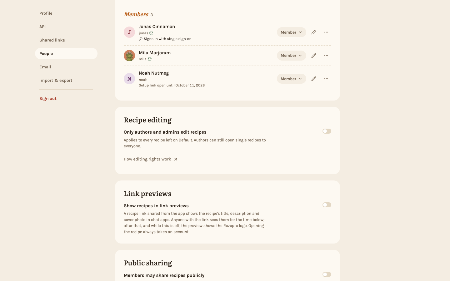 The Recipe editing card on the People page