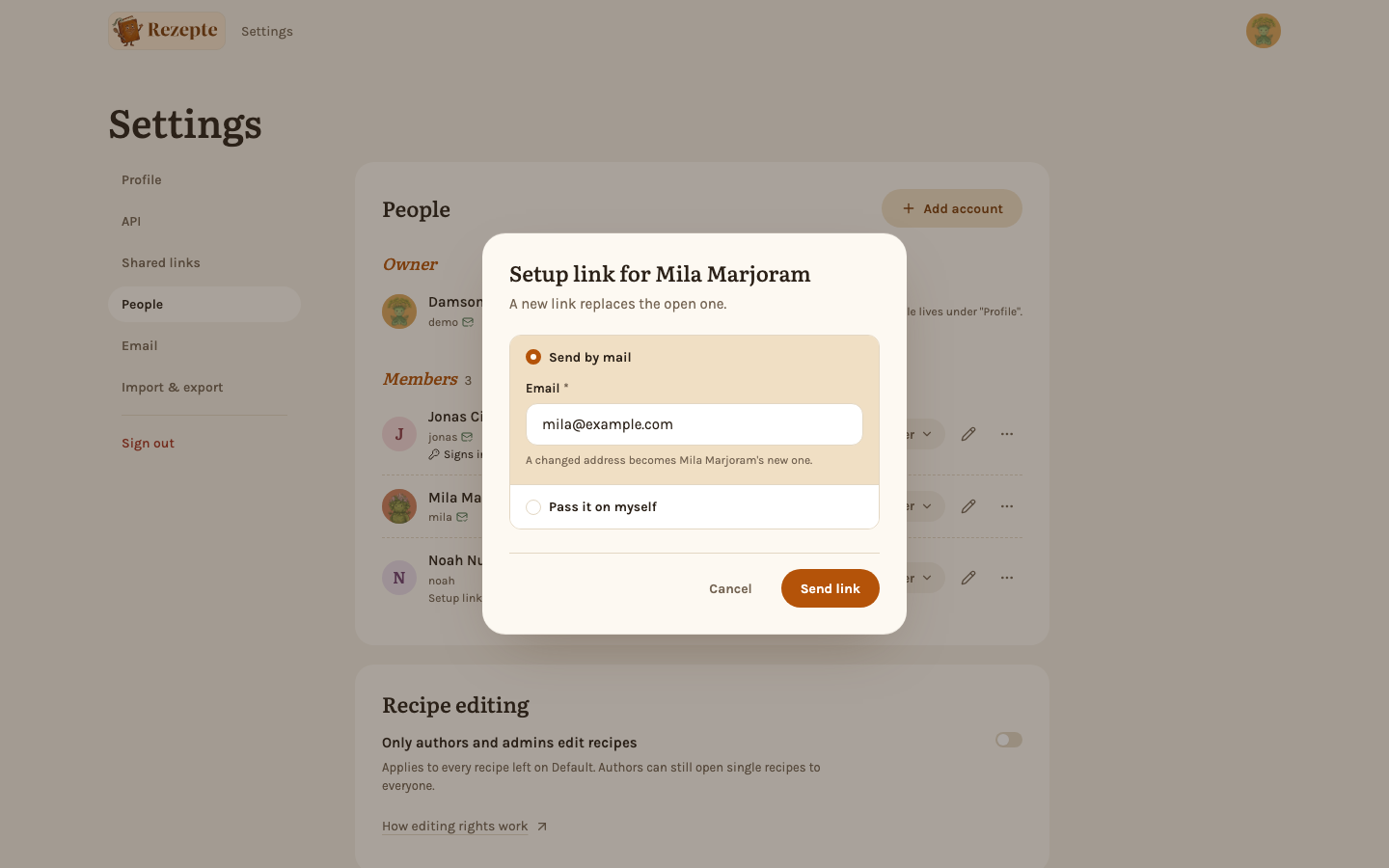 Sending a setup link: by mail to the address on the account, or passed on yourself