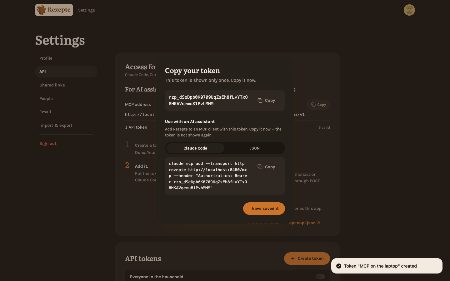 The token dialog with the connect command, ready to copy