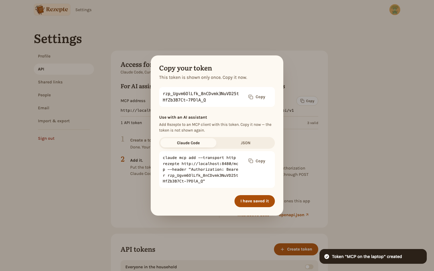 The token dialog with the connect command, ready to copy