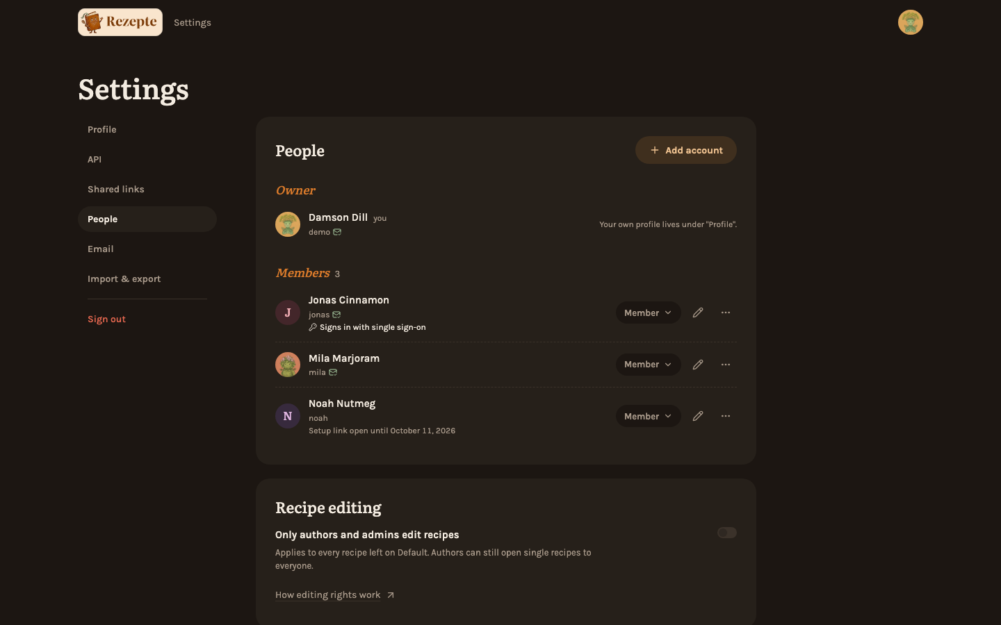 The list of people in Settings, as an admin sees it