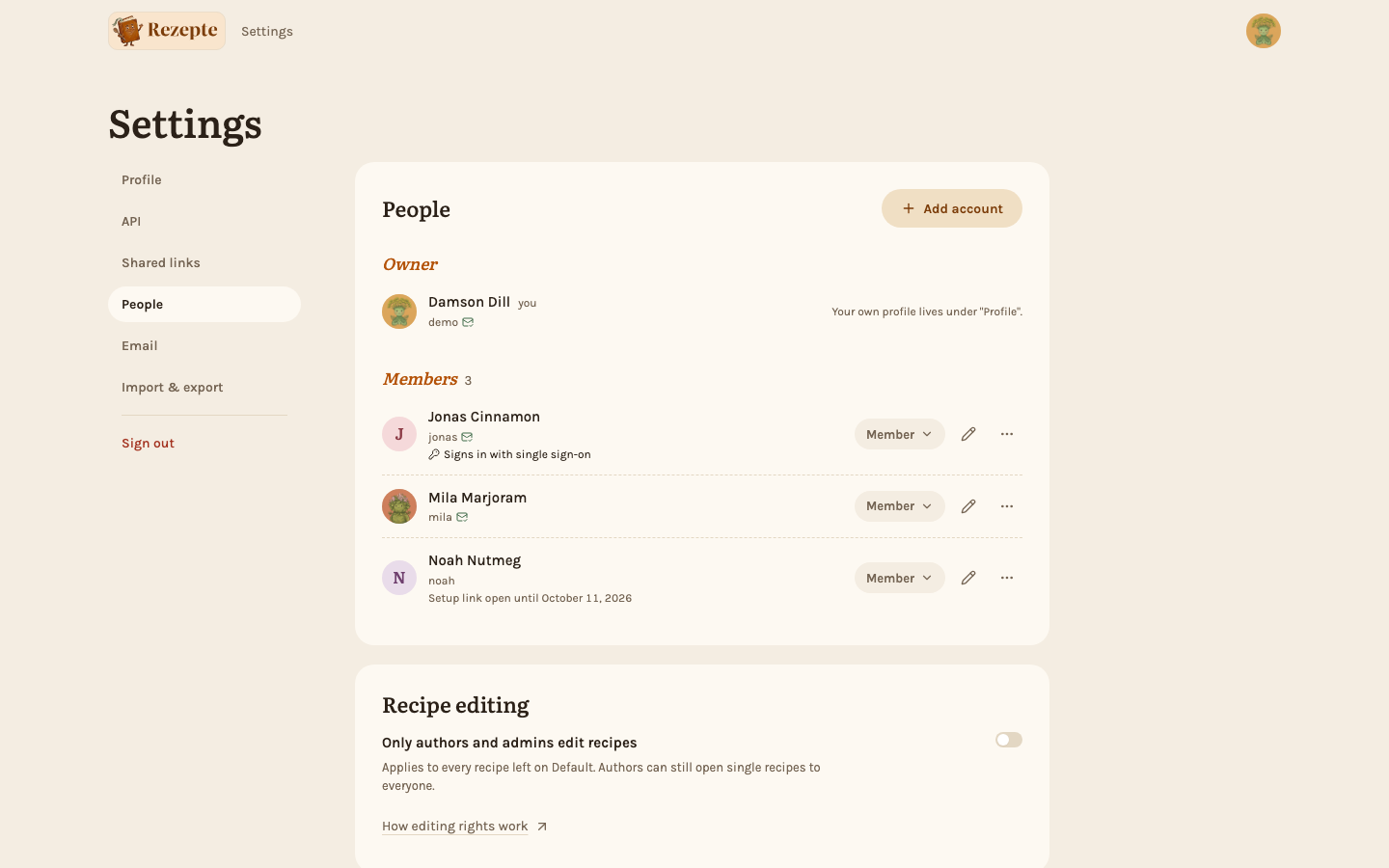 The list of people in Settings, as an admin sees it